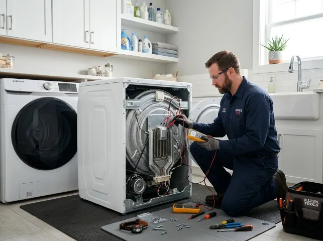 Appliance Repair Hero technician checking a dryer heating element with the rear panel off in Bainbridge, NY