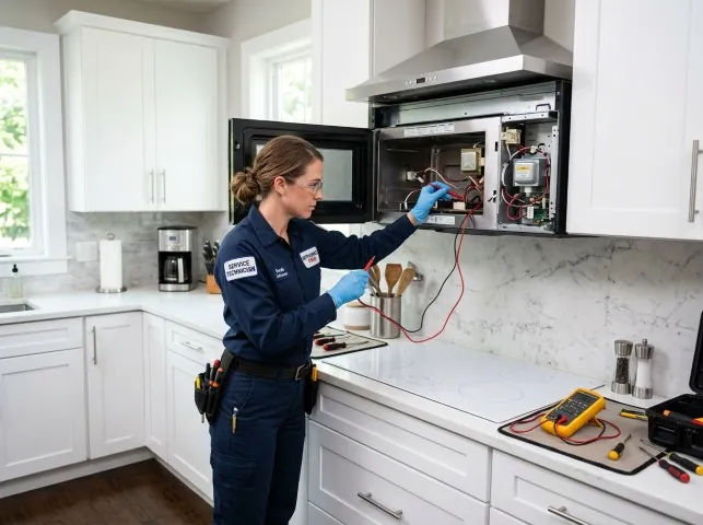 Appliance Repair Hero technician testing an over-the-range microwave in a Bainbridge, NY kitchen
