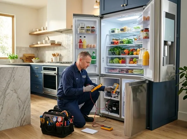 Appliance Repair Hero refrigerator technician testing a fridge on a Bainbridge, NY service call