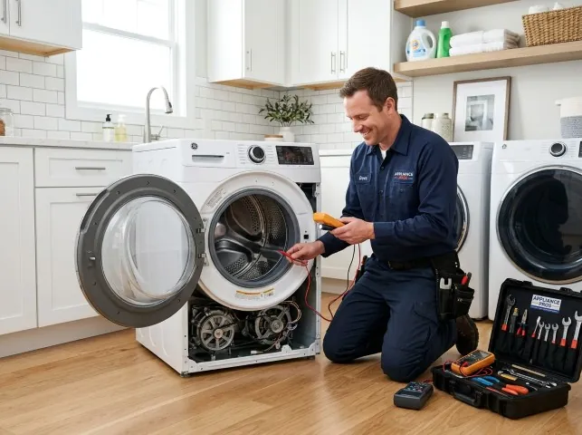 Appliance Repair Hero technician testing a front-load washer with a multimeter on a Bainbridge, NY service call